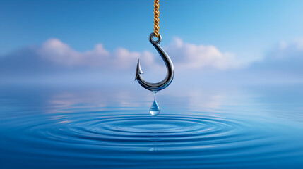 Fishing hook hangs above tranquil water, with gentle ripples and a clear blue sky. Concept of fishing, outdoor recreation, serenity, and nature