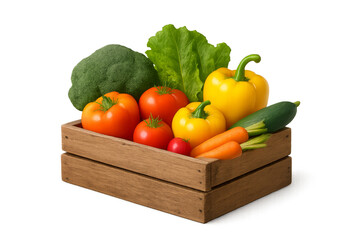 Vibrant Harvest: A wooden crate overflows with a colorful array of freshly picked vegetables, showcasing nature's bounty.