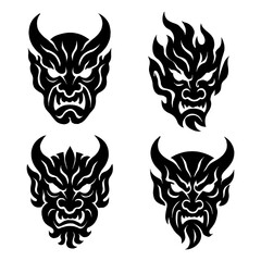 Tribal Demon Face Tattoo Collection - Dark Abstract Monster Mask Silhouettes with Sharp Lines and Fierce Expressions, Evil Ink Art Style with Transparent Background