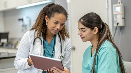 Interactive learning in medicine. Skilled millennial female doctor therapist physician mentoring teaching young girl student intern at clinic workplace explain medical problem on digital tablet screen