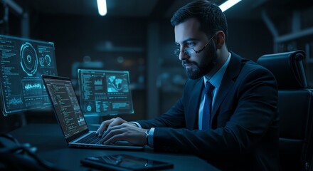 Man in suit types on laptop surrounded by computer screens with data.