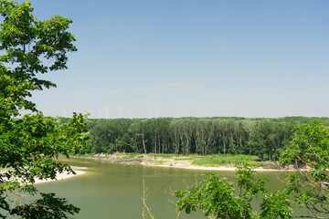 A serene view of the danube river flowing past a dense forest with a line of wind turbines on the...