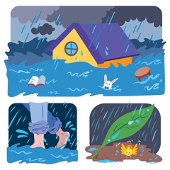 House sinking in flood water, legs walking through flood water, and baby chicken take shelter drawing set. Simple flat cartoon art styled colorful illustration bundle.