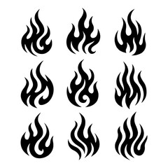 Tribal Fire Flame Tattoo Set - Edgy Abstract Black Silhouettes of Burning Flames, Symbolic Fire Elements for Design, Isolated Illustration with Transparent Background