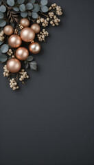 Minimalist Rose Gold Christmas Ornaments with Eucalyptus and Berries on Dark Gray Background