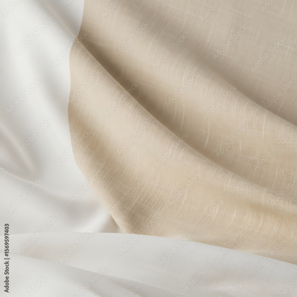 Poster close-up of draped fabric, showing a beige section next to a white section, creating soft folds and 