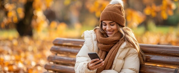 The woman sitting on a bench in autumn while using her smartphone.