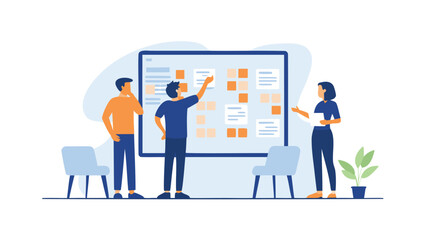 Team collaboration with sticky notes on a board in a modern office environment for brainstorming and planning