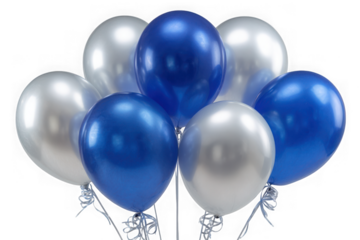 A bunch of blue and silver balloons tied with ribbons isolated on transparent background