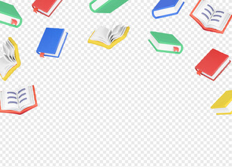 Books falling down vector illustration for banner and header, Learning Education background. Back to school frame element. Book icons 3d