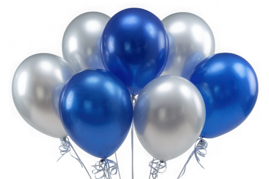 A bunch of blue and silver balloons tied with ribbons isolated on transparent background