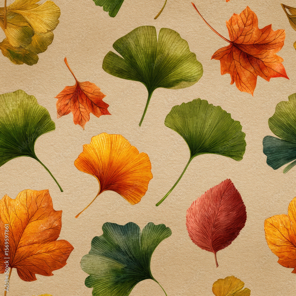 Poster seamless pattern of falling maple, oak, and ginkgo leaves on a textured background