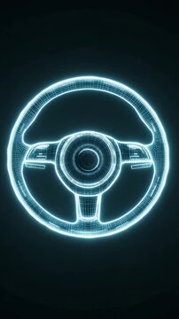 Neon Light Effect Steering Wheel Icon Isolated Dark Background, Vertical Video