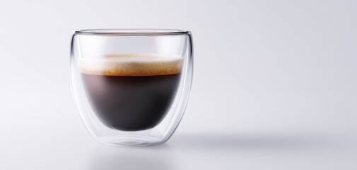 The stylish glass cup featuring rich espresso with frothy crema