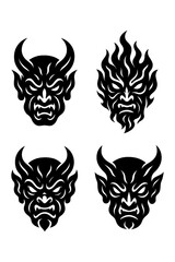 Tribal Demon Face Tattoo Collection - Dark Abstract Monster Mask Silhouettes with Sharp Lines and Fierce Expressions, Evil Ink Art Style with Transparent Background