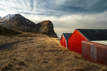 Red Barns in Mountainous Landscape
