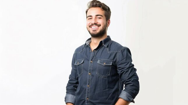 Smiling Man in Denim Shirt: A young man with a warm smile and a neatly trimmed beard, exudes confidence and approachability in a casual denim shirt.