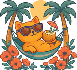 Cartoon Cat Relaxing In Hammock Between Palm Trees With Sunglasses And Drink Tropical Summer Vacation Transparent Background. Chill Summer Cat
