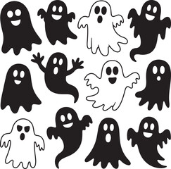 Cheerful spooky spirits with happy faces halloween ghosts