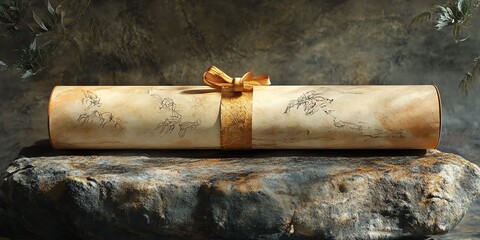a rolled scroll with golden ribbon, watercolor style, aged paper edges, faint ink sketches of mythical creatures showing through, resting atop a stone tablet