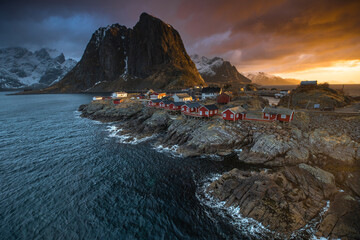 Coastal Village at Sunset with Mountain View