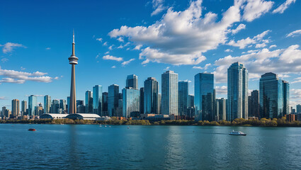 Obraz premium Modern metropolis rises across the water under a cloudy blue sky