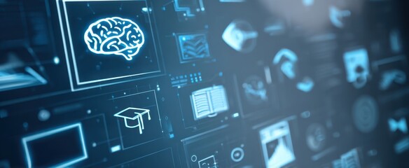 The futuristic brain surrounded by digital learning icons and data graphics.