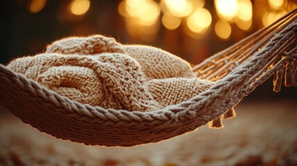 Obraz premium Knitted throw resting in a hammock at sunset