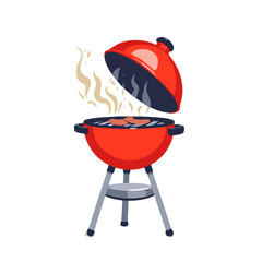 Red charcoal grill with meat cooking and smoke rising  