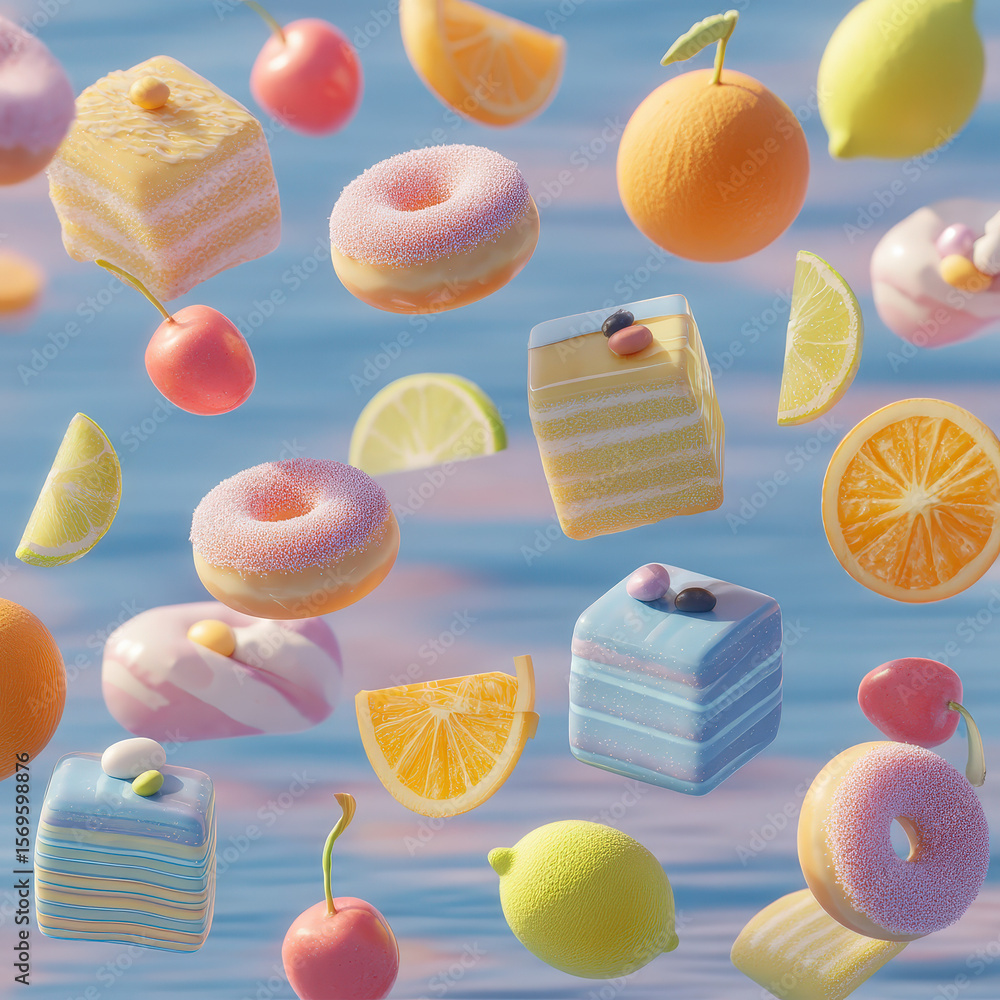 Poster isometric seamless pattern of colorful floating desserts and fruits in a dreamy background