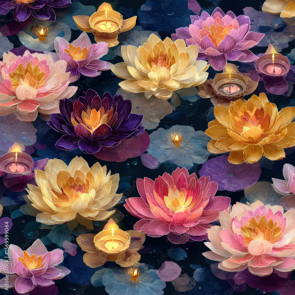 Poster seamless pattern of floating krathongs and candles with colorful lotus flowers over dark background