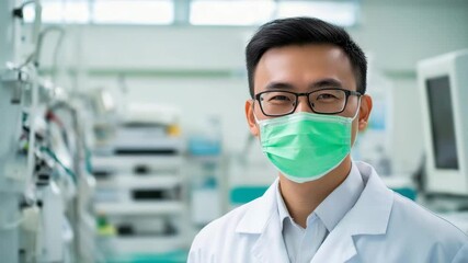 Young male doctor wearing glasses and medical mask in hospital room with professional medical equipment healthcare clinic medicine environment bright window background - Powered by Adobe