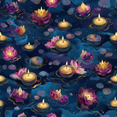 Seamless Pattern of Floating Krathongs and Candles in a Night Sky with Lotus Flowers for Decorative Use