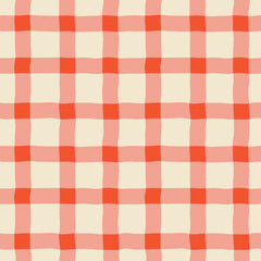 Seamless modern abstract traditional summer monochrome red checkered pattern on light background, simple hand drawn vector illustration, flat style
