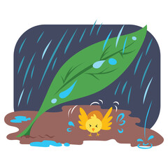 Small baby chicken take shelter under green leaf on the ground from rain water with dark sky background. Simple flat cartoon art styled colorful drawing isolated on square white backdrop.