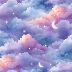 Soft and Dreamy Seamless Pattern of Fluffy Clouds with Crescent Moons and Starry Sky in Pastel Colors