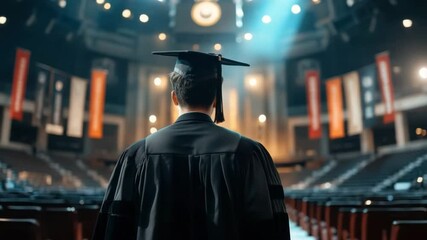 Graduation student wearing cap and gown standing on auditorium stage celebrating academic achievement education ceremony success with inspiring atmosphere and hopeful future