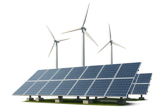 Solar panels and wind turbines generating renewable energy together Isolyate on transparent background