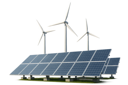 Solar panels and wind turbines generating renewable energy together Isolyate on transparent background - Powered by Adobe