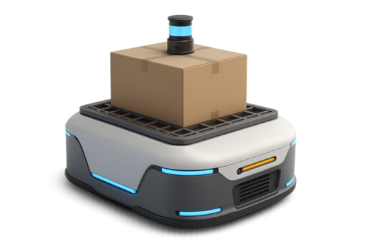 Delivery robot carrying cardboard box with blue lights and sensors Isolyate on transparent background