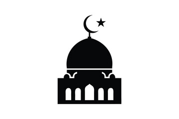 A simple black silhouette of a mosque dome with a crescent moon and star on top representing islamic architecture and religious symbolism on a white background