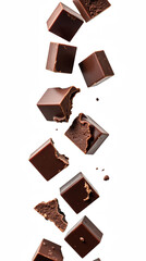 Delicious chocolate cubes falling, showcasing rich texture and glossy surface, perfect for dessert lovers and culinary creations