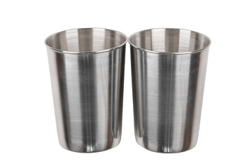 Two stainless steel glasses isolated on a white background. Drinkware.