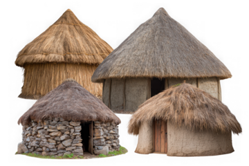 Four traditional thatched roof huts of varying sizes isolated on transparent background