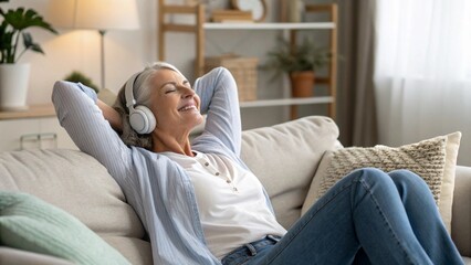Peace of mind. Smiling tranquil mid aged woman take time to relax on comfy couch give tired legs a rest after hard work day enjoy calm serene house space listen to quiet music dream with closed eyes