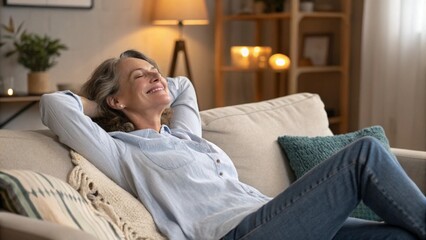 Peace of mind. Smiling tranquil mid aged woman take time to relax on comfy couch give tired legs a rest after hard work day enjoy calm serene house space listen to quiet music dream with closed eyes