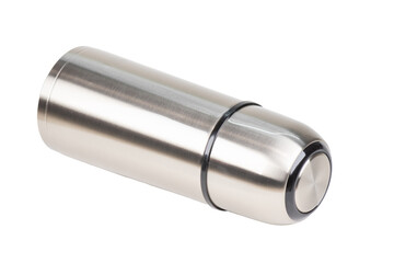 Stainless steel thermos isolated on white background. Bottle thermo container for hot drinks.