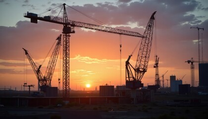 Fototapeta premium Cranes stand silhouetted against a vibrant sunset sky over a construction site with buildings under construction in the distance.