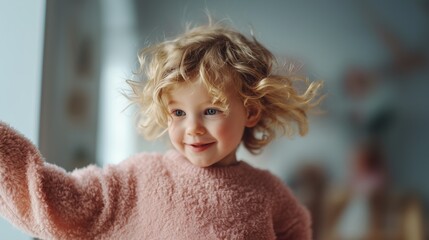 Joyful toddler with curly blonde hair in a soft pink sweater, smiling brightly in cozy home interior with natural light, playful expression and candid childhood moment.