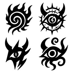 Tribal Eye Tattoo Icon Set – Black Flame-Inspired Eye Symbol Designs with Sharp Tribal Lines and Abstract Patterns – Solid Black Silhouette – Transparent Background
